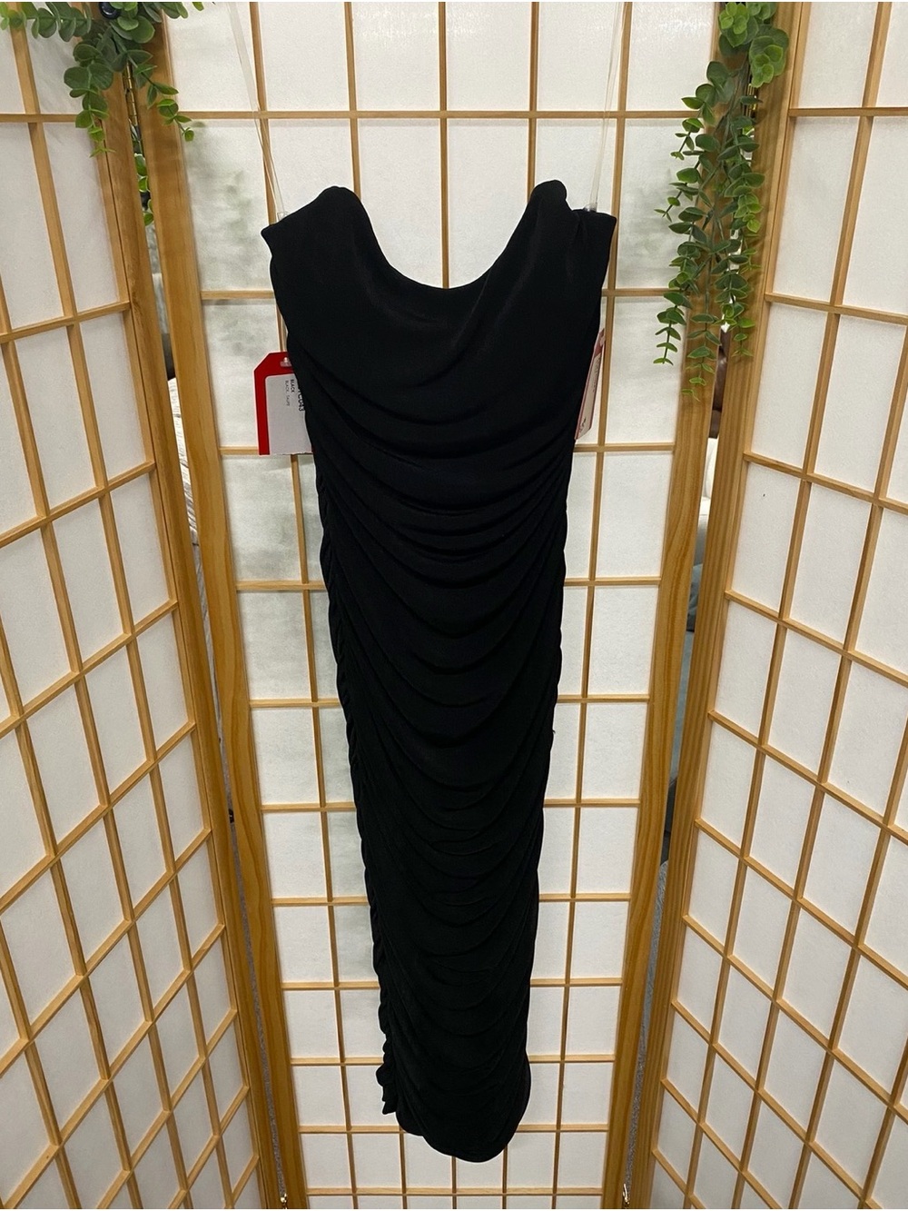 Black Draped Maxi Dress with Ruched Cascade